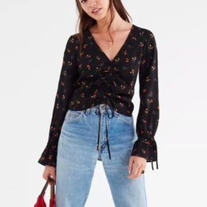 Urban Outfitters Black Deep V Cinched Floral Long Sleeve Crop Top| S